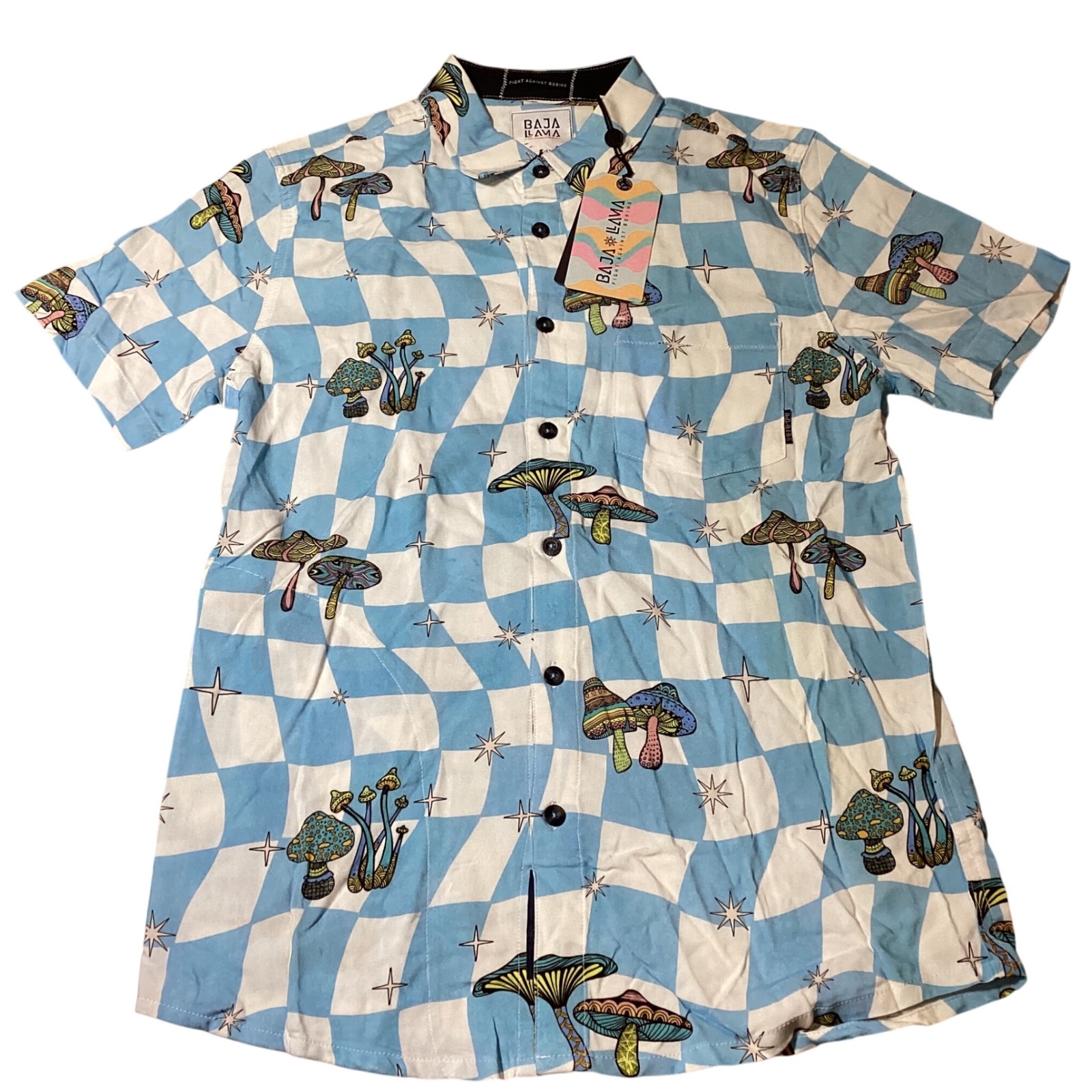 Baja Llama Nighthawk Mushroom Button Up Shirt Mens Size S Short Sleeve - Nwt